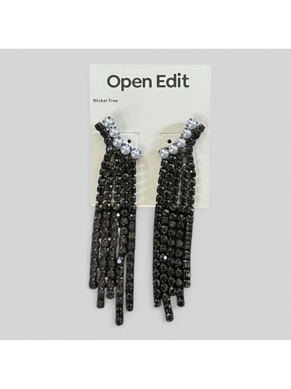 Open Edit- Faux Pearl & Crystal Fringe Drop Earrings-NWT